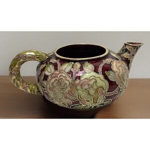 Vtg Floral Cloisonne Teapot Music Box Works Moon‎ River Limited Edition No Lid